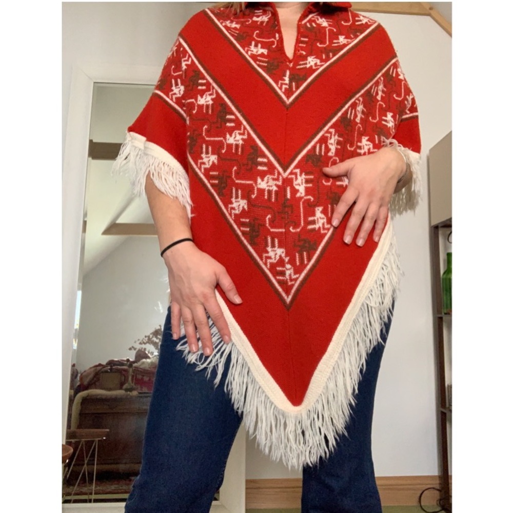 Vintage red knit poncho